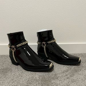ASOS Design Cuban heel western Chelsea boots in black patent with gold chain